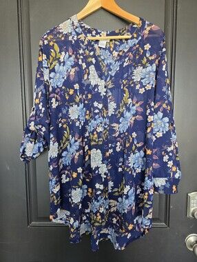 CW Classics Women's 1X Floral Sheer Tunic Blouse Roll Tab 3/4 Sleeve Button Y2k